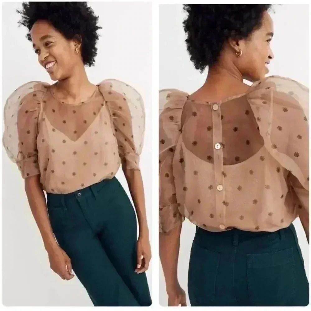 Madewell Baum Und Pferdgarten Maiko Puff-Sleeve Sheer Dot Blouse Small l US 6 - Picture 1 of 7